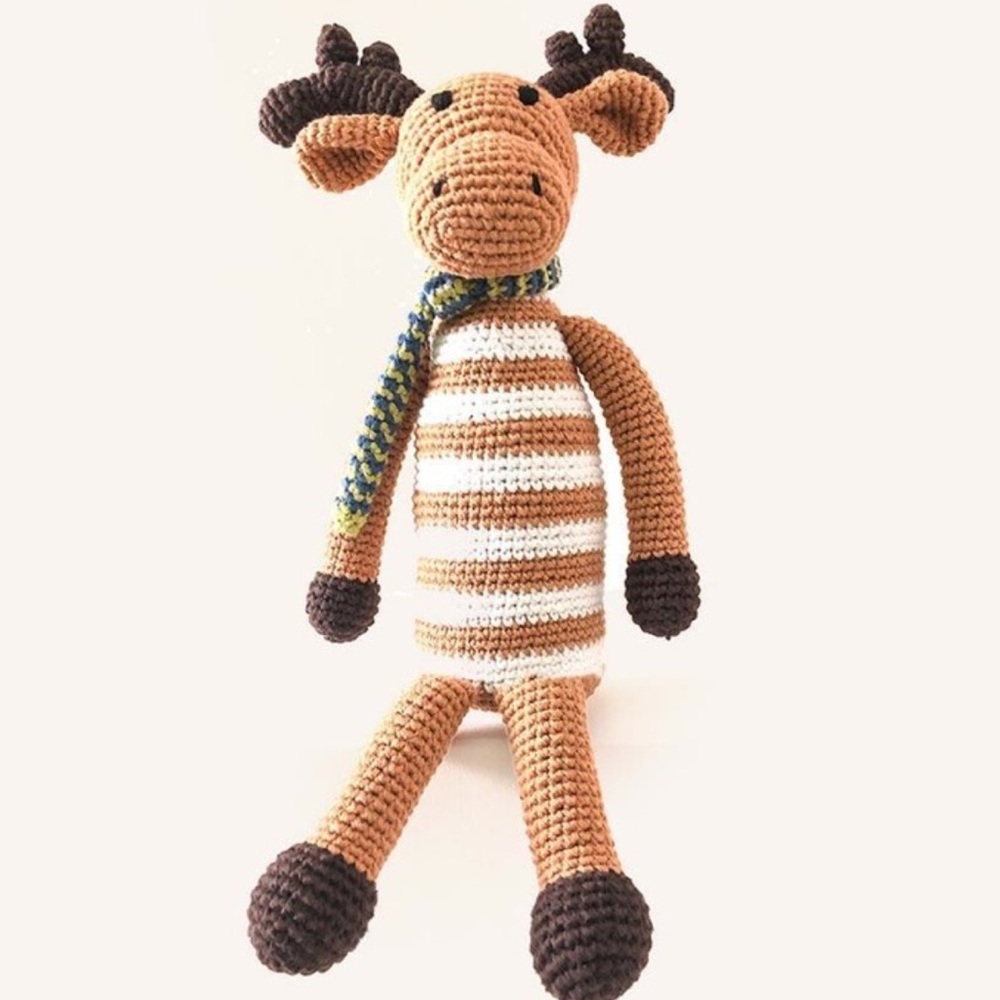 Pebble crochet knitted plush moose rattle with scarf